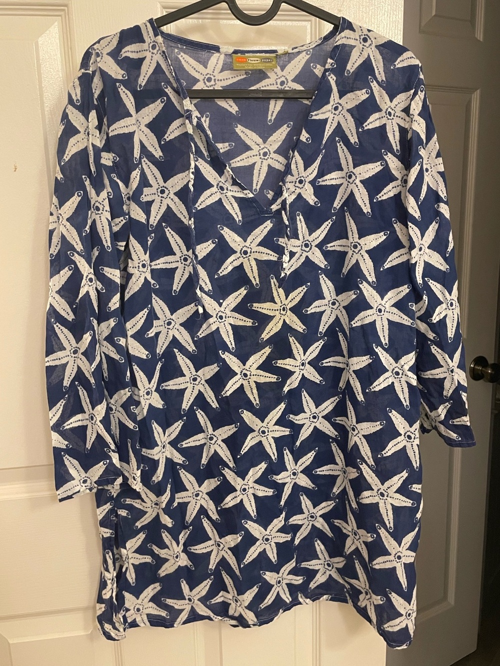 Rock Flower Paper beach/swim coverup Sz Small, cotton navy blue starfish print - Picture 2 of 3